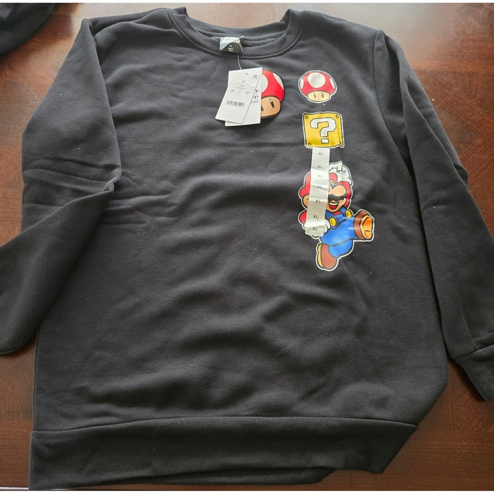 Super Mario Kids Graphic Sweatshirt Black Crew Neck Pullover XL NEW